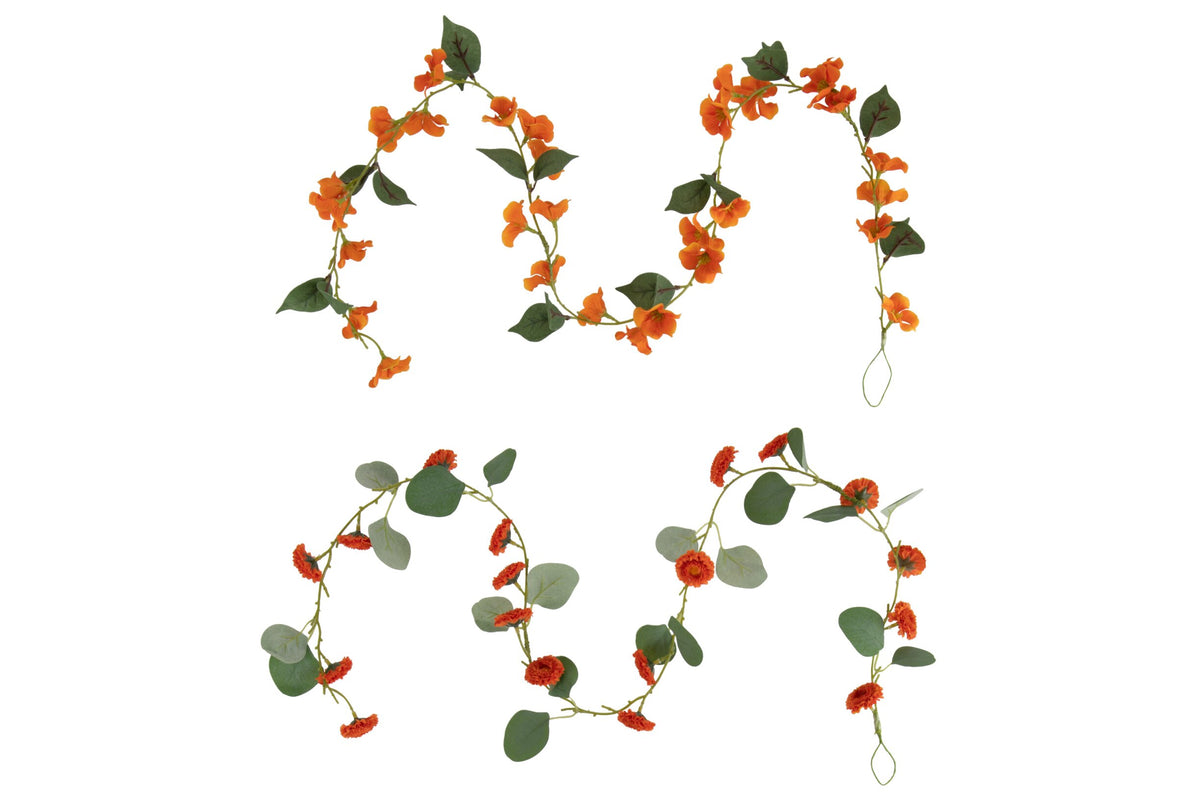 Garland Flowers+Leaves Plastic Orange/Green Assortment Of 2