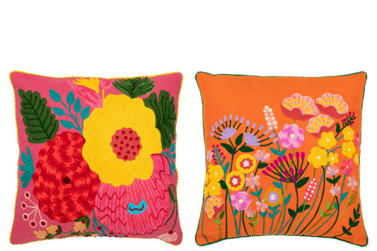 Cushion Flowers Embroidery Cotton/Polyester Orange/Pink Assortment Of 2