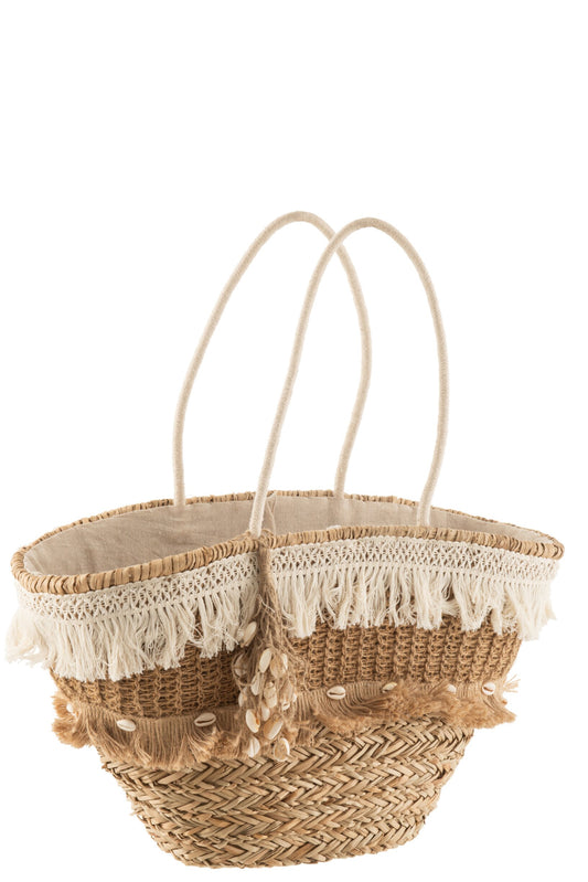 Strandtas riet kwastjes jute naturel/ecru