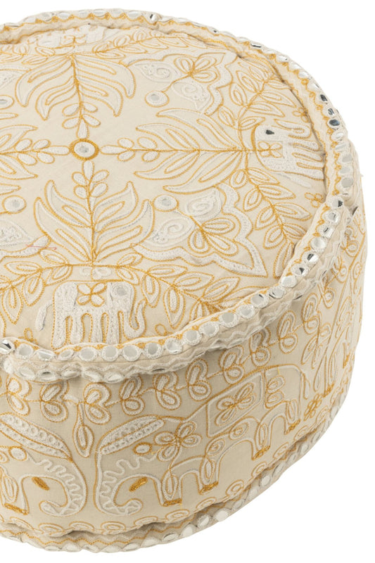 Pouf Round Elephants+Mirrors Cotton Cream/Gold Large