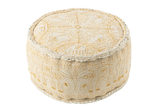 Pouf Round Elephants+Mirrors Cotton Cream/Gold Large