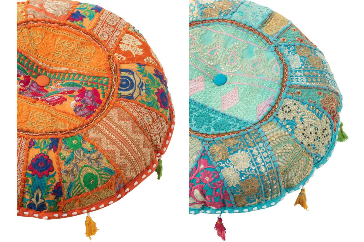 Pouf Round Plat Patterns+Tassels Cotton Orange/Blue Assortment Of 2
