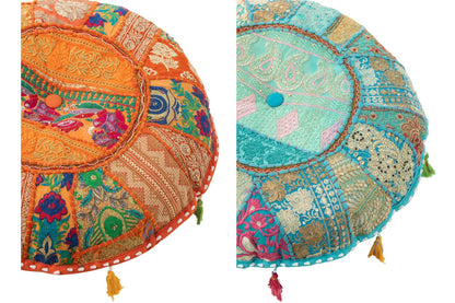Pouf Round Plat Patterns+Tassels Cotton Orange/Blue Assortment Of 2