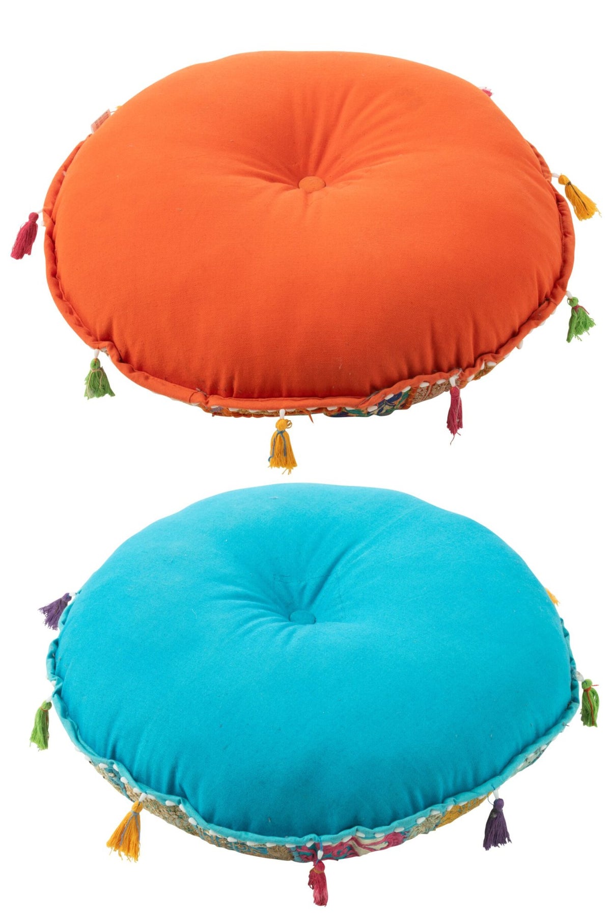 Pouf Round Plat Patterns+Tassels Cotton Orange/Blue Assortment Of 2