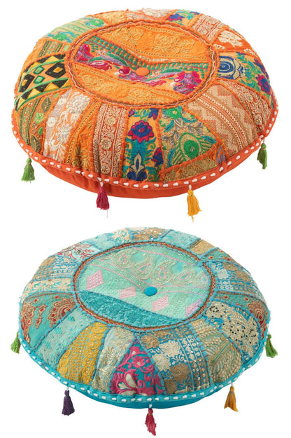 Pouf Round Plat Patterns+Tassels Cotton Orange/Blue Assortment Of 2
