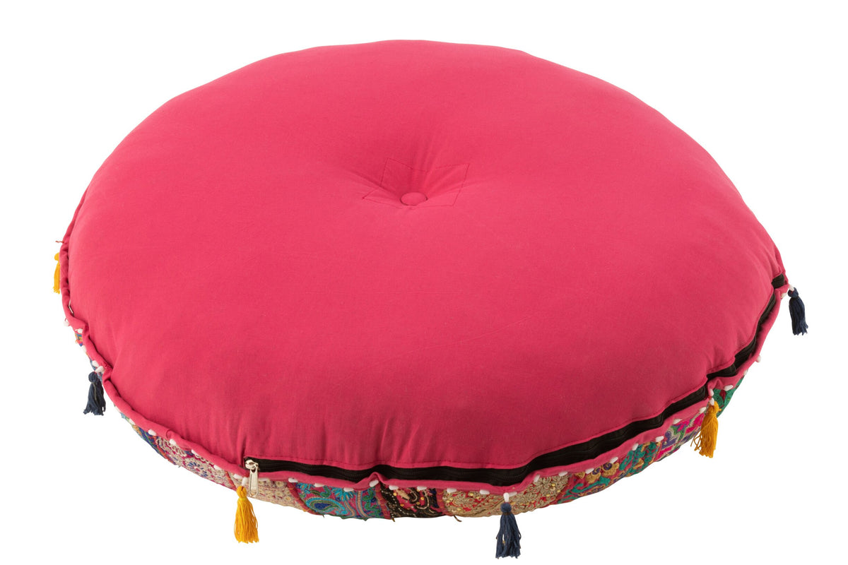 Pouf Round Plat Patterns+Tassels Cotton Pink