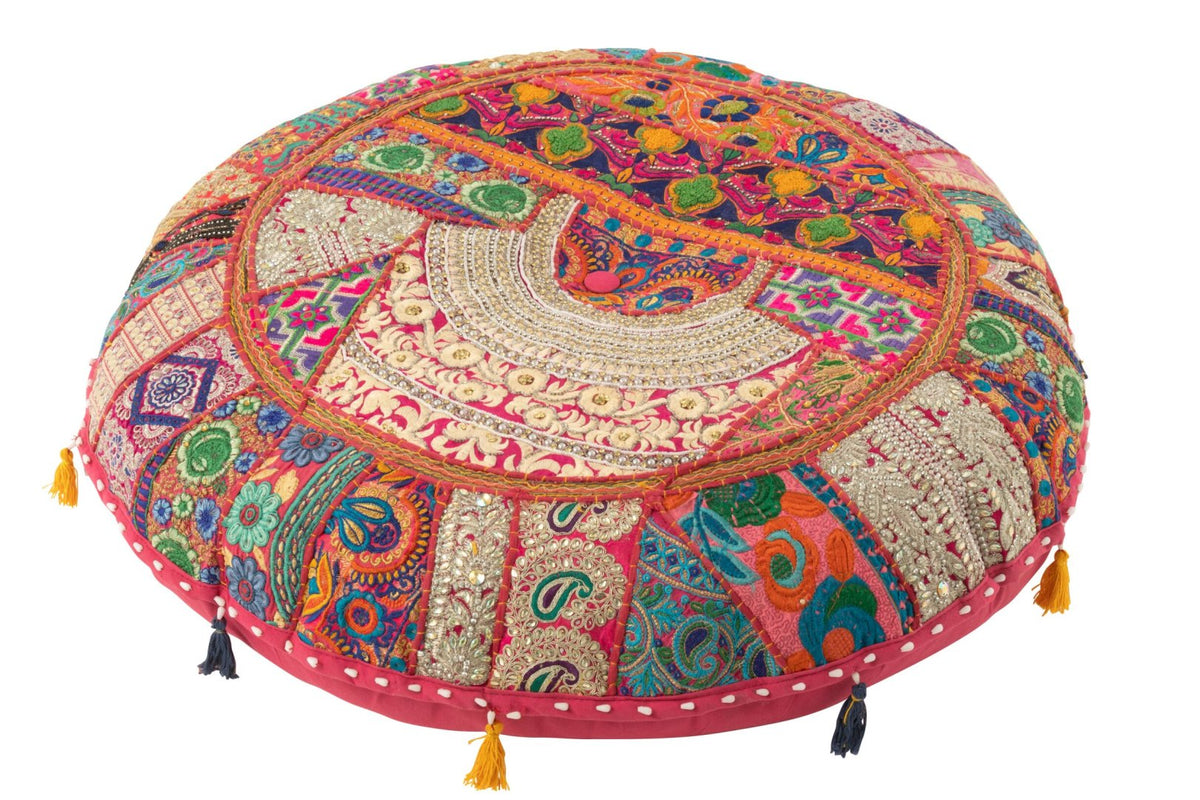 Pouf Round Plat Patterns+Tassels Cotton Pink