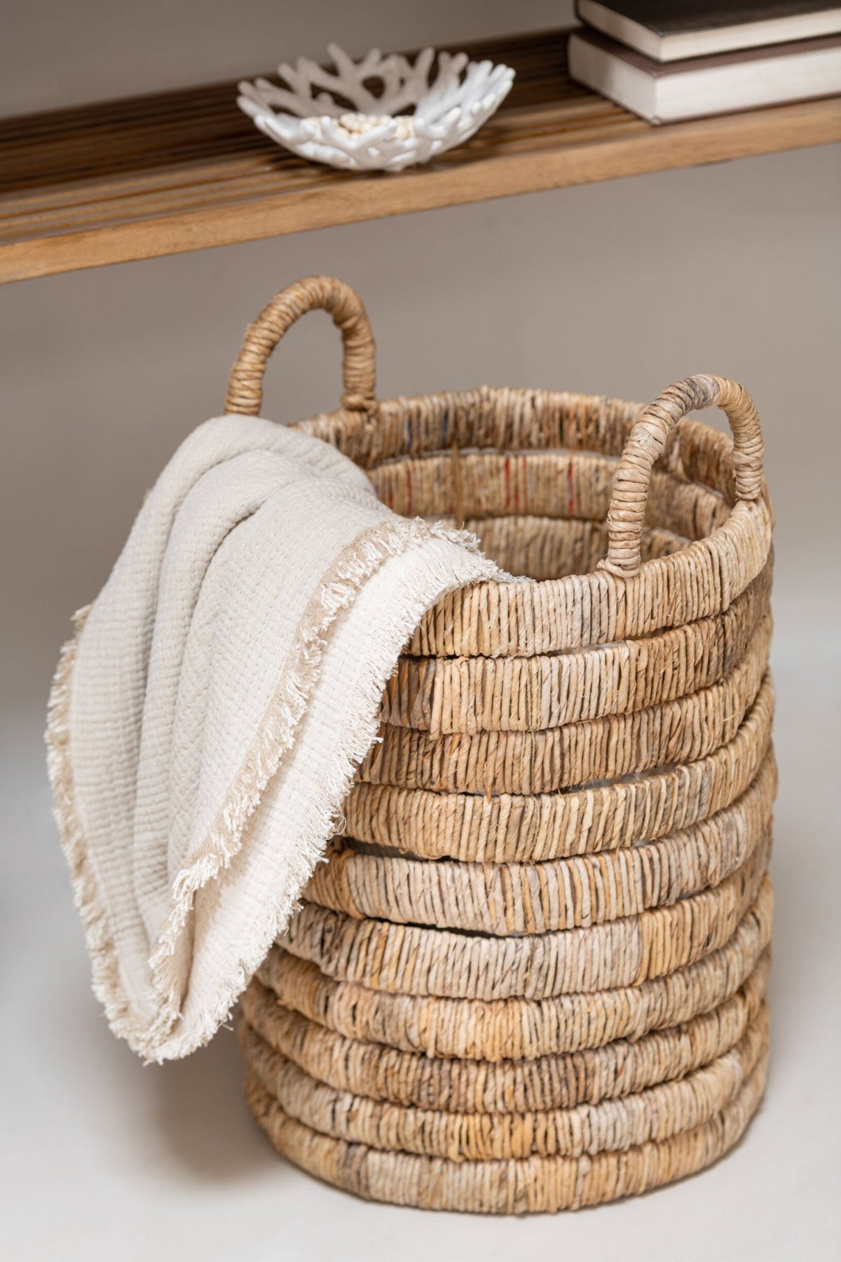 Plaid Fringes Cotton Muslin Light Beige
