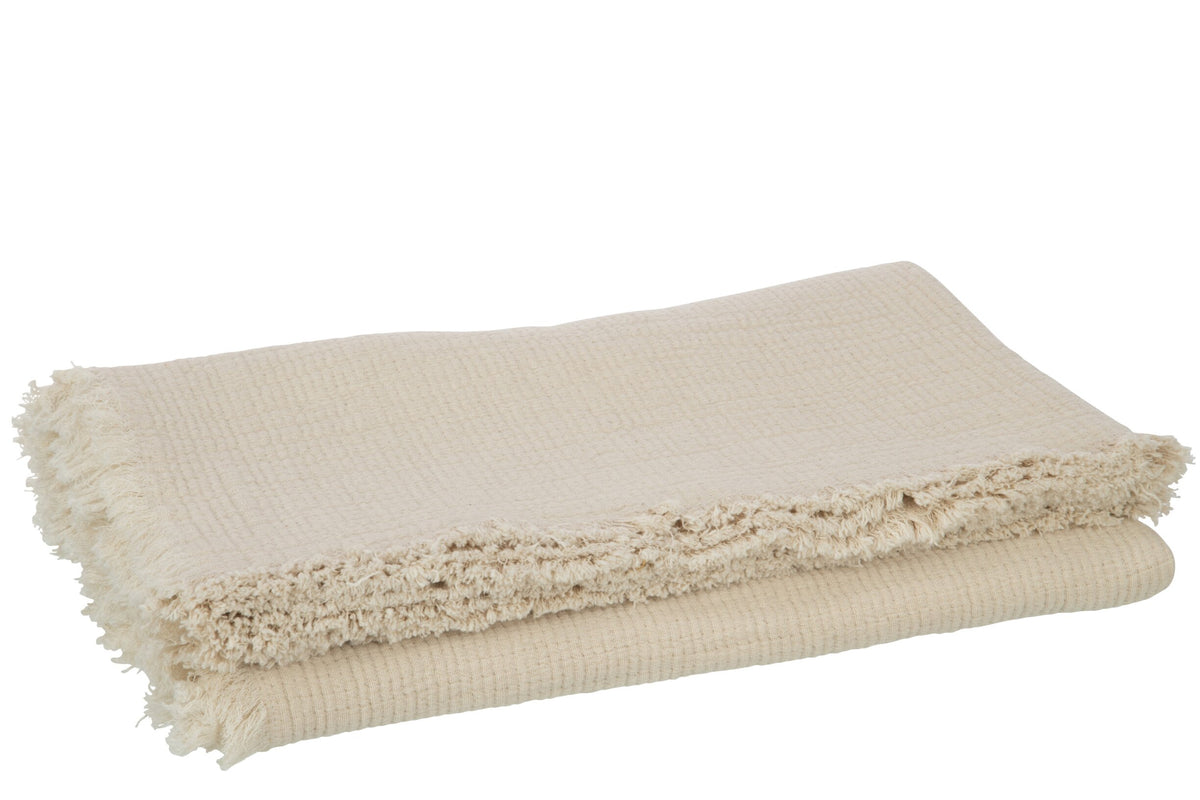 Plaid Fringes Cotton Muslin Light Beige