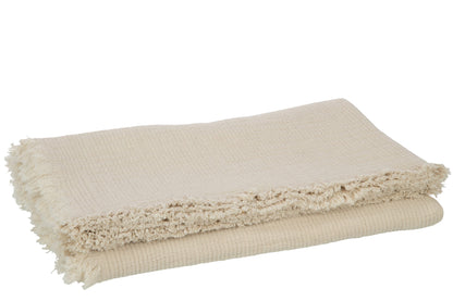 Plaid Fringes Cotton Muslin Light Beige