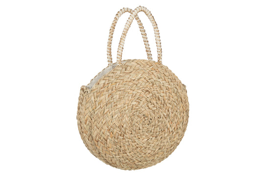 Strandtas rond met kwast zeegras/kant naturel/wit