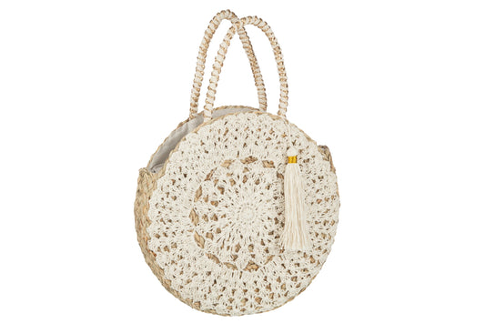 Strandtas rond met kwast zeegras/kant naturel/wit