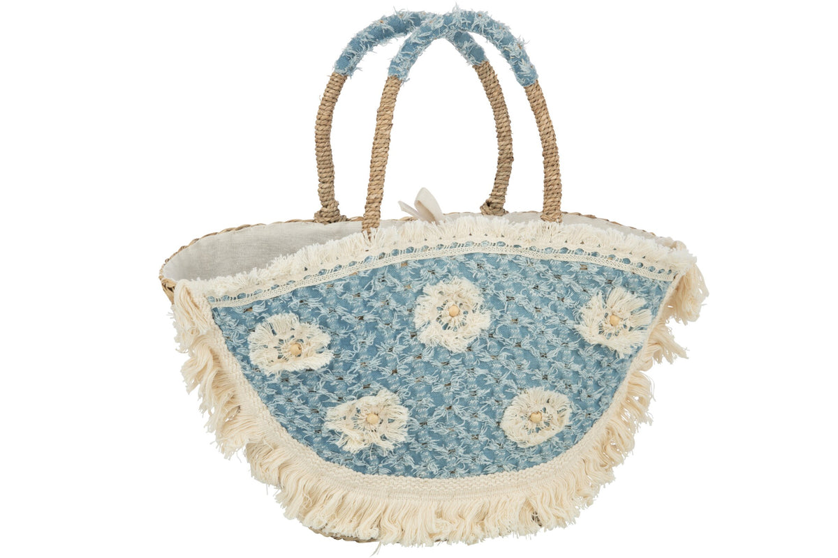 Strandtas bloemen met franjes denim zeegras naturel/blauw