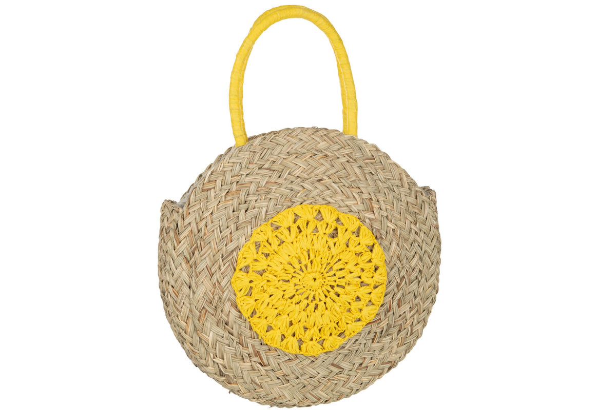 Strandtas rond bloem zeegras naturel/geel