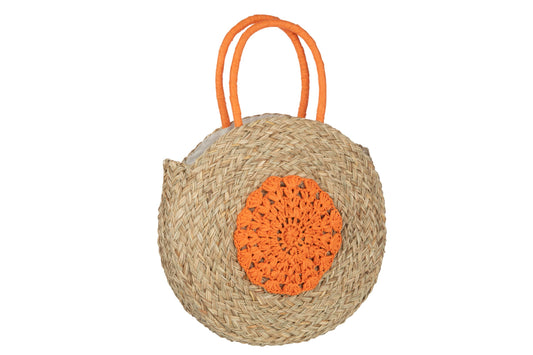 Strandtas rond bloem zeegras naturel/oranje