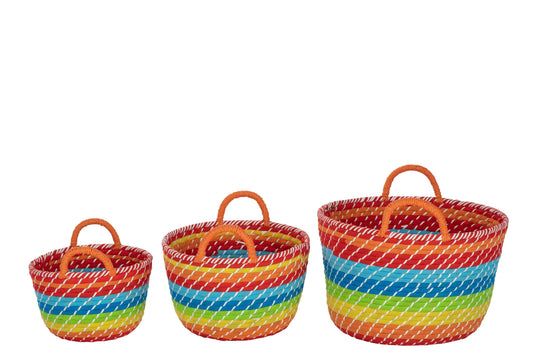Set van 3 mand regenboog strepen + handvatten zeegras mix