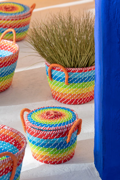 Set van 3 mand regenboog strepen + handvatten zeegras mix