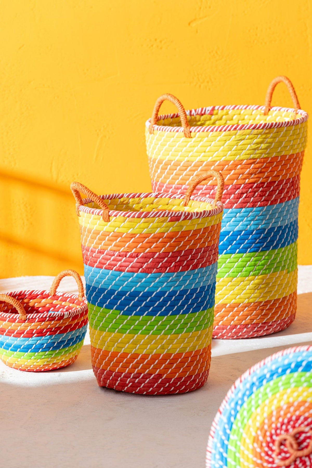 Set van 3 mand regenboog strepen + handvatten zeegras mix