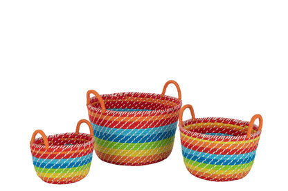 Set van 3 mand regenboog strepen + handvatten zeegras mix