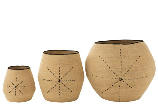Set van 3 mand ster gestippeld lijnen zeegras naturel/zwart