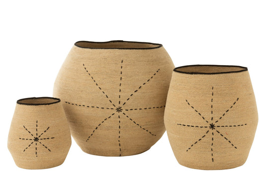 Set van 3 mand ster gestippeld lijnen zeegras naturel/zwart