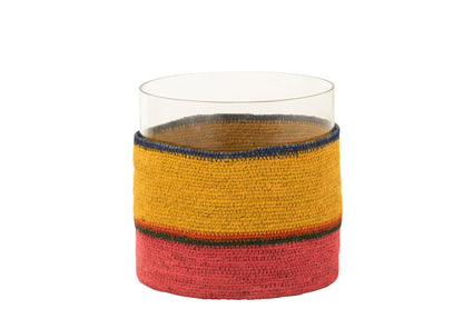 Theelichthouder Rond+Strepen Glass/Zeegras Geel/Roze