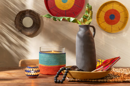 Theelichthouder Rond+Strepen Glass/Zeegras Blauw/Oranje