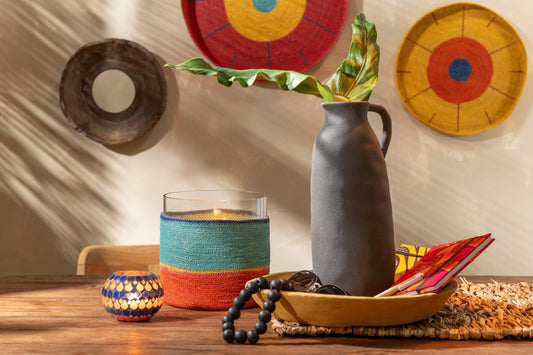 Theelichthouder Rond+Strepen Glass/Zeegras Blauw/Oranje