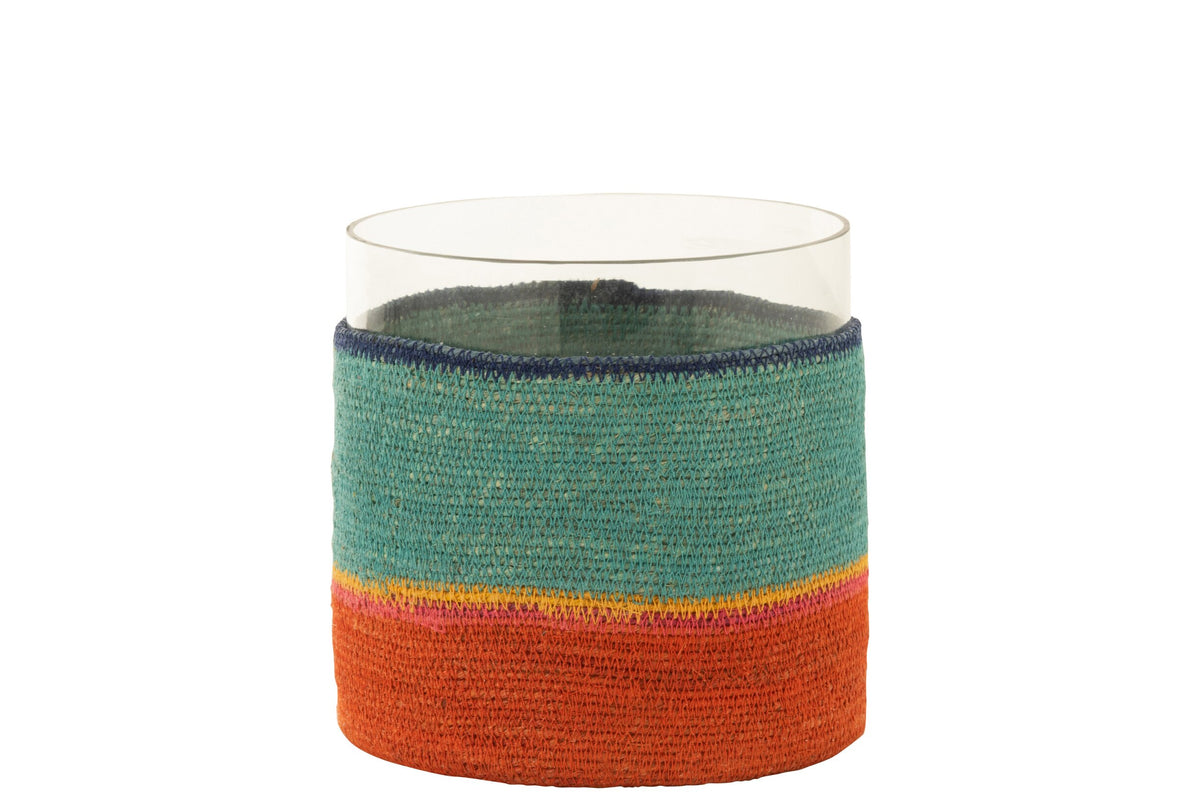 Theelichthouder Rond+Strepen Glass/Zeegras Blauw/Oranje