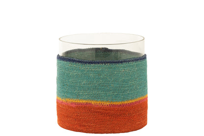 Theelichthouder Rond+Strepen Glass/Zeegras Blauw/Oranje