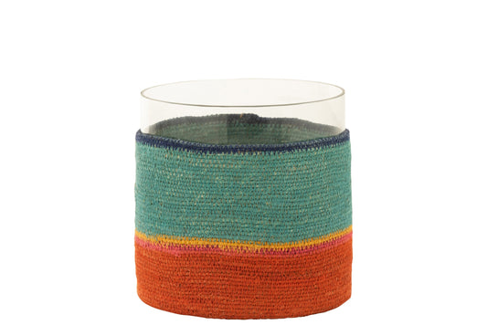 Theelichthouder Rond+Strepen Glass/Zeegras Blauw/Oranje