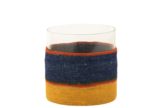 Theelichthouder Rond+Strepen Glass/Zeegras Donker Blauw/Geel