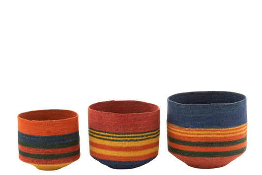 Set van 3 mand rond met klein voet + strepen zeegras mix