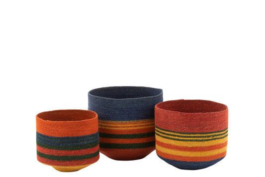 Set van 3 mand rond met klein voet + strepen zeegras mix