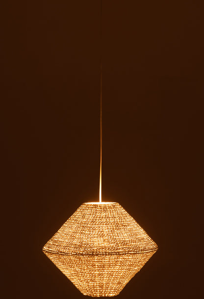Large white UFO-shaped raffia pendant lamp