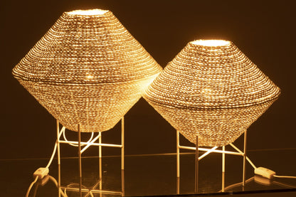 Large white UFO-shaped raffia pendant lamp