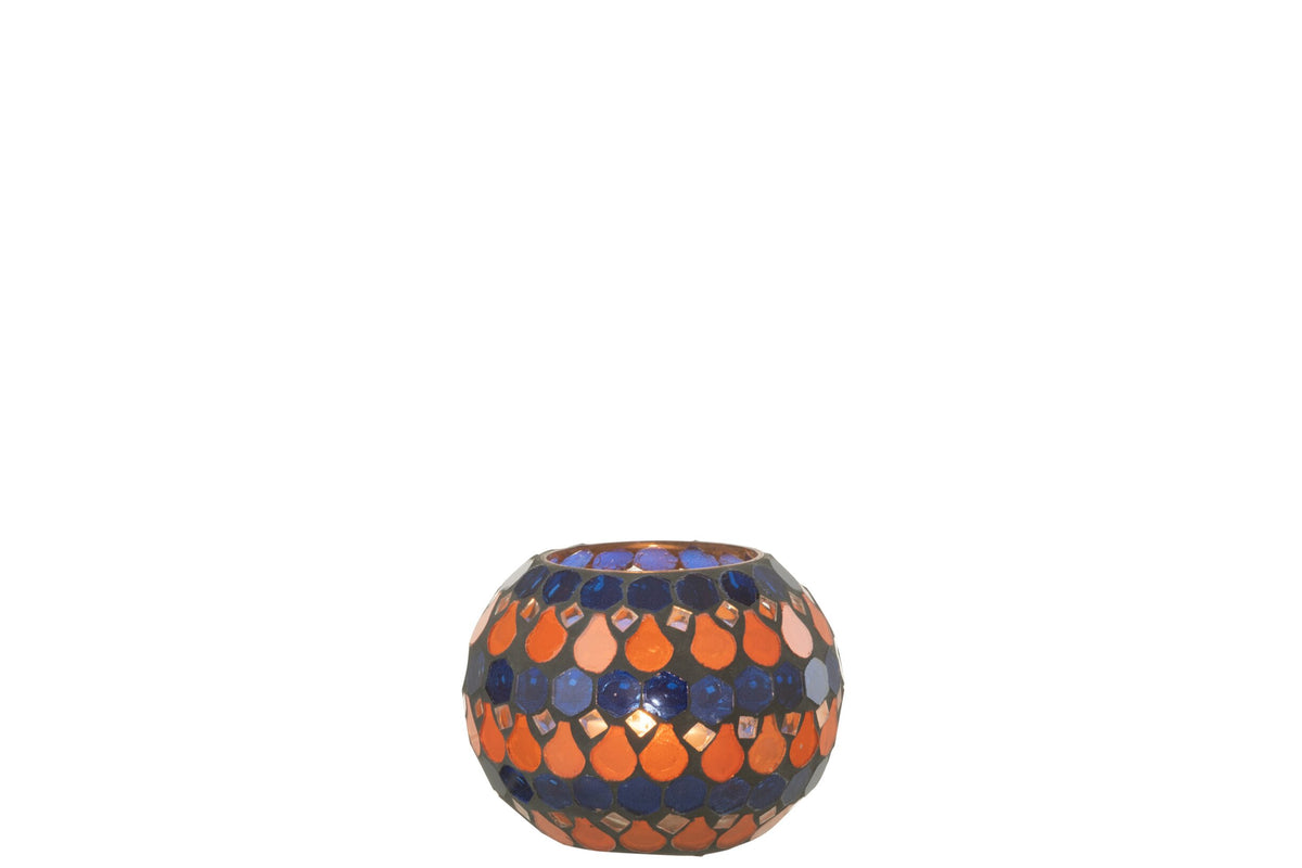 Teelicht Houder Mozaiek Druppel Glas Oranje/Blauw Small