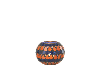 Teelicht Houder Mozaiek Druppel Glas Oranje/Blauw Small