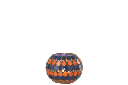 Teelicht Houder Mozaiek Druppel Glas Oranje/Blauw Small