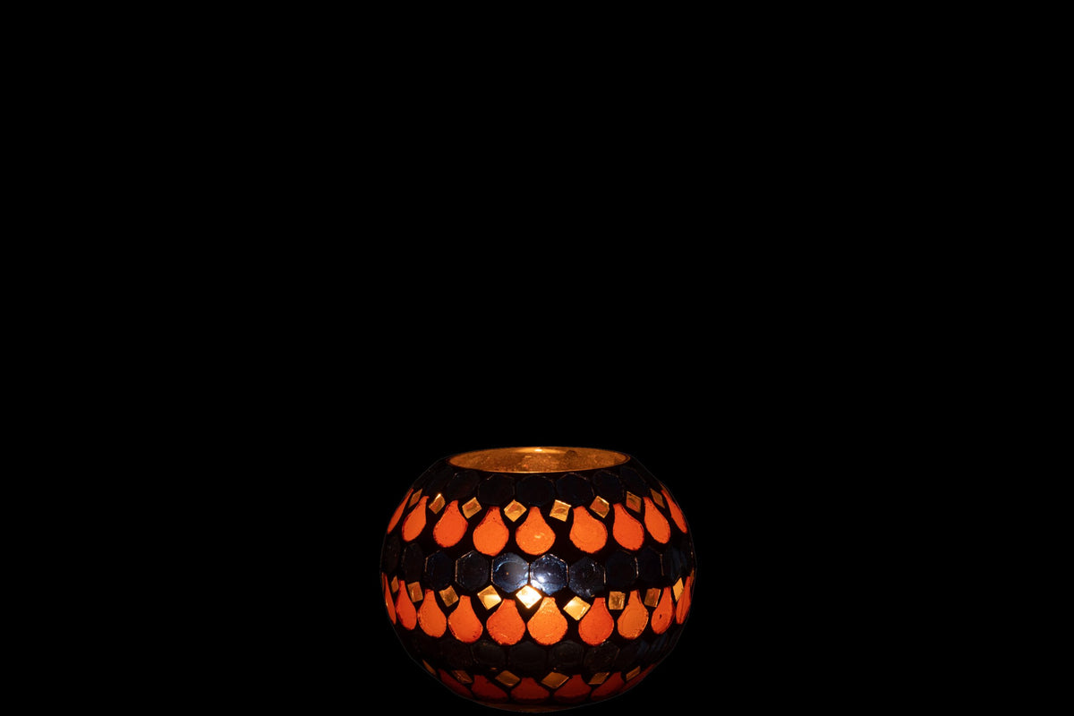 Teelicht Houder Mozaiek Druppel Glas Oranje/Blauw Small