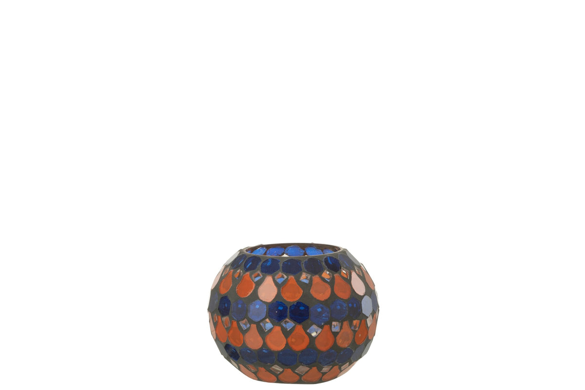 Teelicht Houder Mozaiek Druppel Glas Oranje/Blauw Small