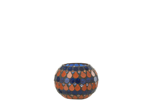 Teelicht Houder Mozaiek Druppel Glas Oranje/Blauw Small
