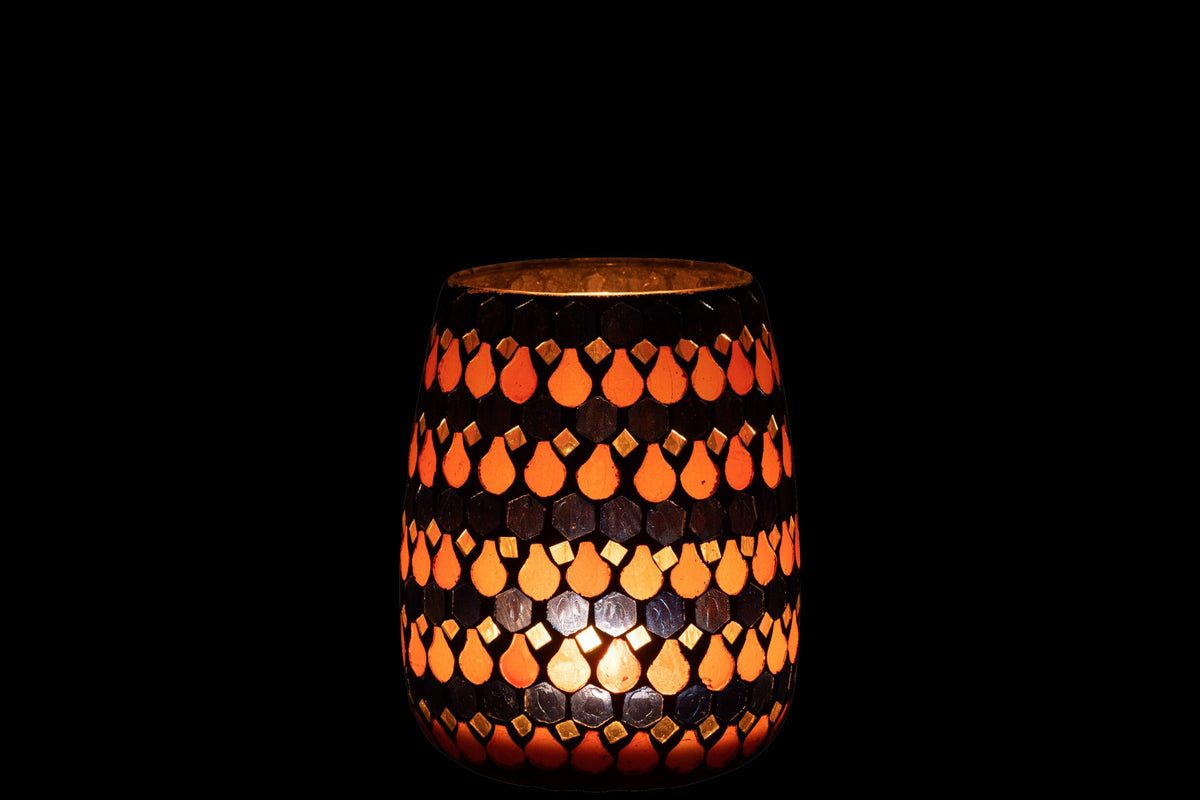 Windlicht Mozaiek Druppel Glas Oranje/Blauw Medium