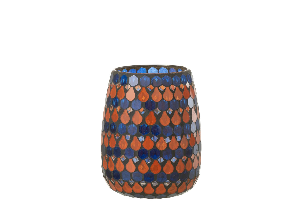 Windlicht Mozaiek Druppel Glas Oranje/Blauw Medium