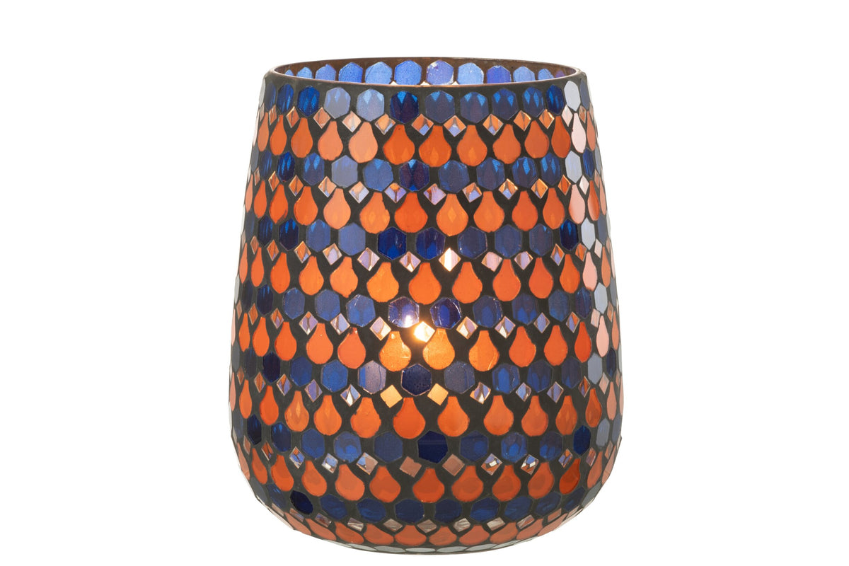 Windlicht Mozaiek Druppel Glas Oranje/Blauw Large