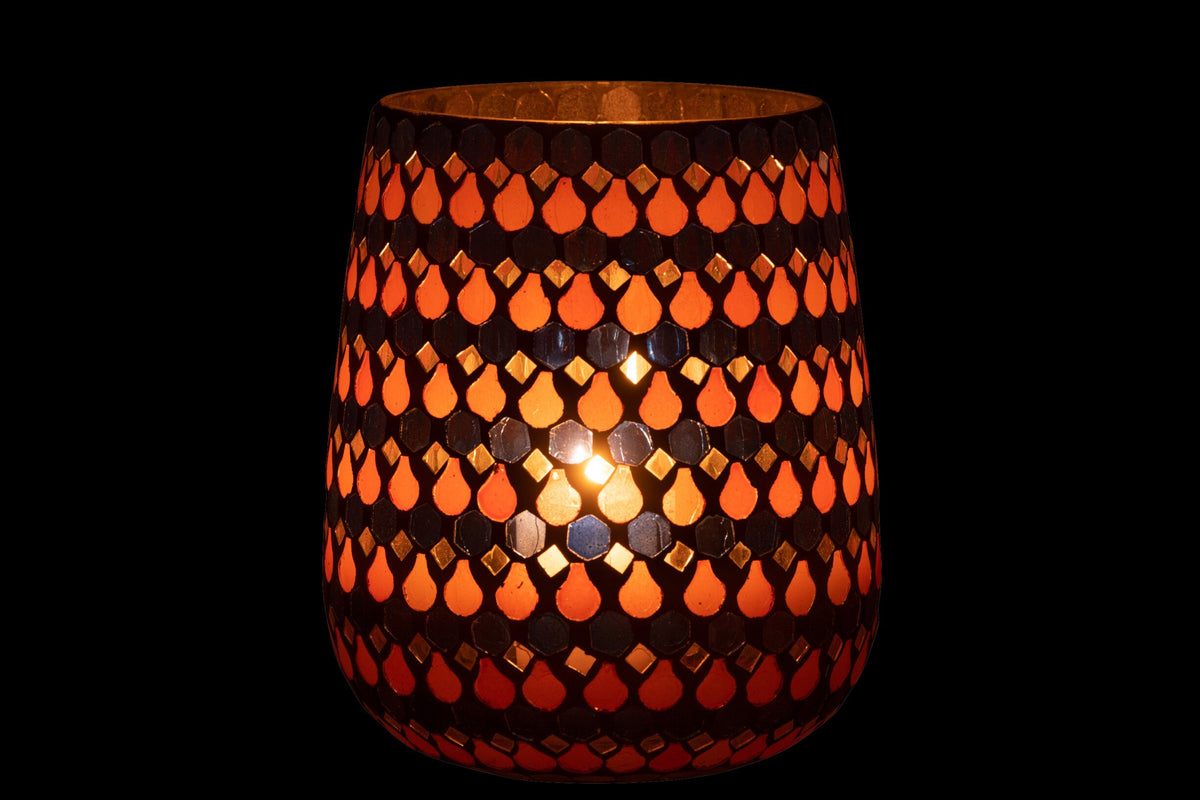 Windlicht Mozaiek Druppel Glas Oranje/Blauw Large