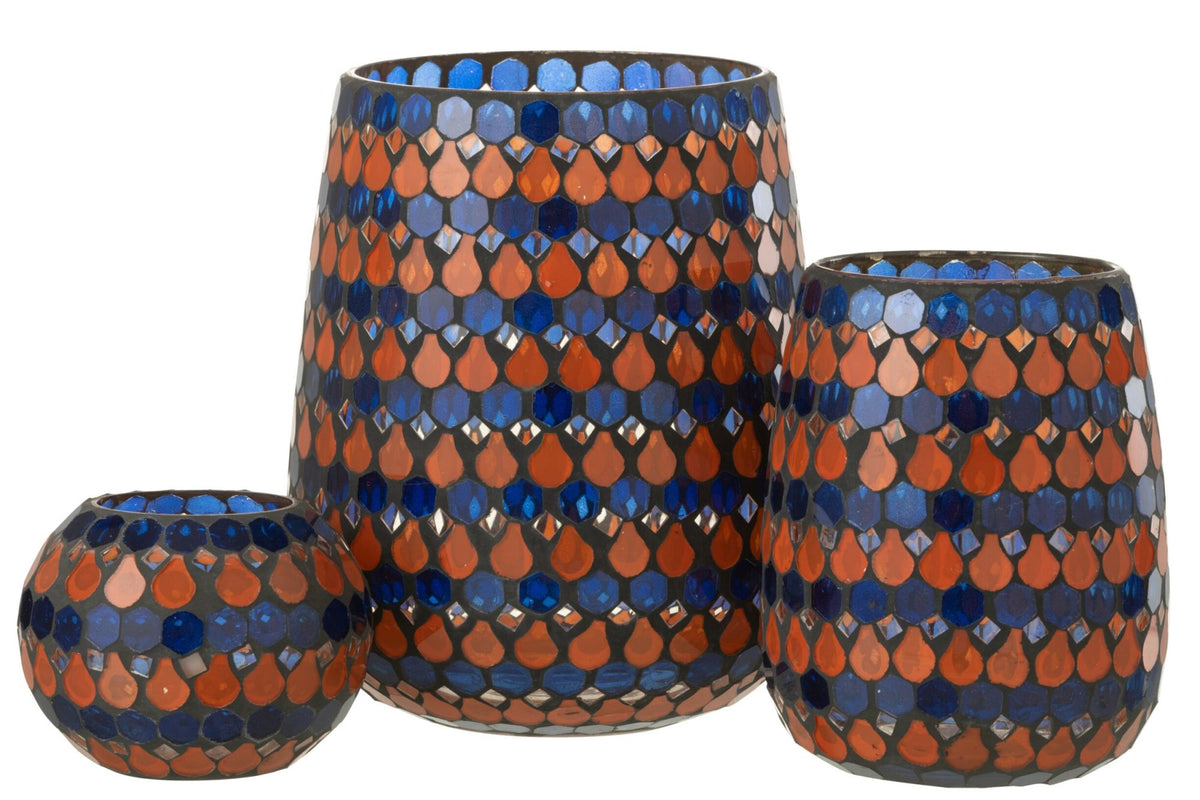 Windlicht Mozaiek Druppel Glas Oranje/Blauw Large