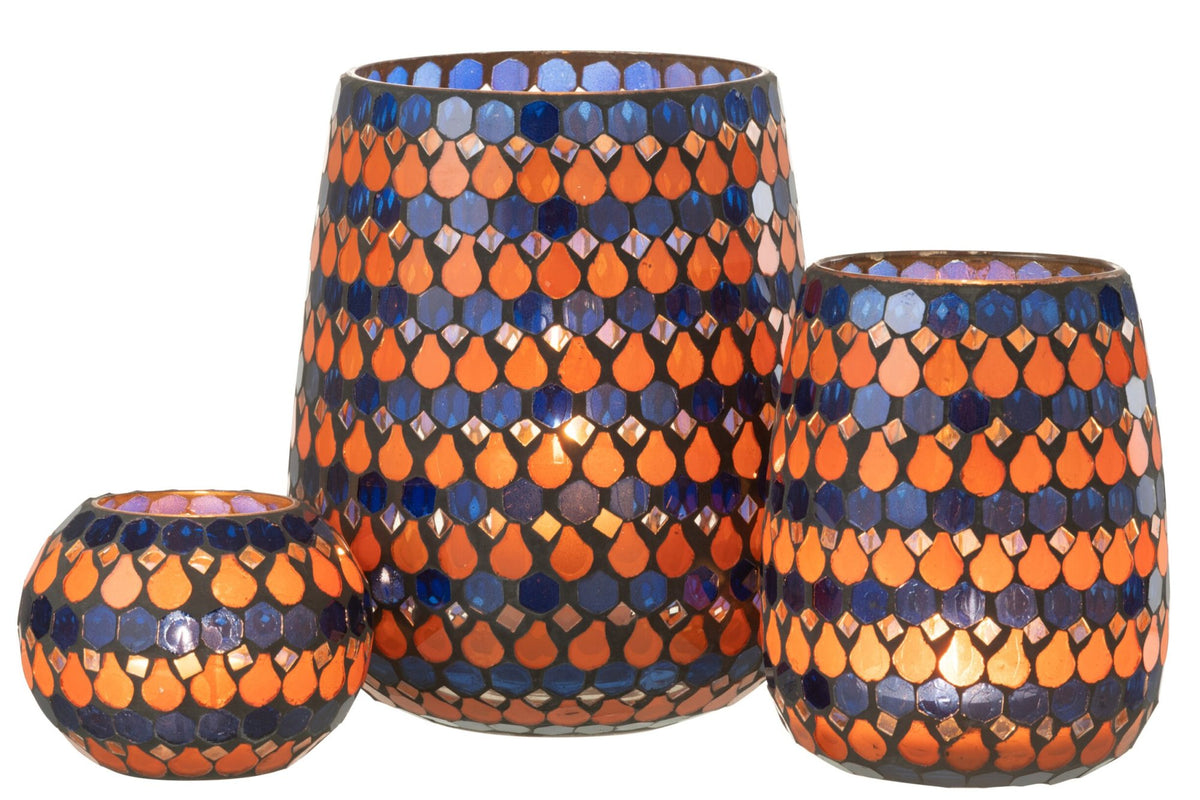 Windlicht Mozaiek Druppel Glas Oranje/Blauw Large