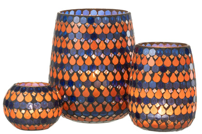 Windlicht Mozaiek Druppel Glas Oranje/Blauw Large