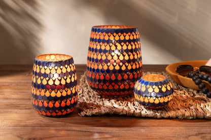 Windlicht Mozaiek Druppel Glas Oranje/Blauw Large
